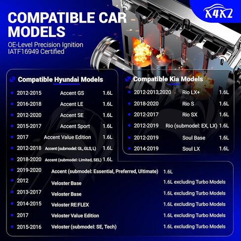 حزمة ملف الإشعال UF652 متوافقة مع 2012-2020 Hyundai Accent، 2012-2017 Hyundai Veloster/2012-2020 Kia Rio، 2012-2019 Kia Soul يستبدل #273012B100 C1803 GN10634 5C1860 (مجموعة من 4) in Saudi Arabia