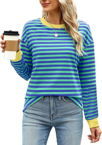 WIHOLL Womens Tunic Tops Loose Fit Long Sleeve Striped Shirts Crewneck Tops in Kuwait