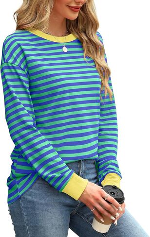 WIHOLL Womens Tunic Tops Loose Fit Long Sleeve Striped Shirts Crewneck Tops in Kuwait