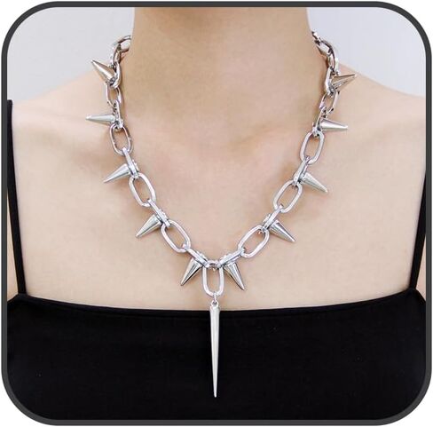 Silver Punk Spiked Chokers Necklaces Rivet Goth Necklaces Chokers with Spikes and Chain Streetwear jewelry Hard Rock Style Men Women Party Night Club Costume Accessories (Style1) in Kuwait