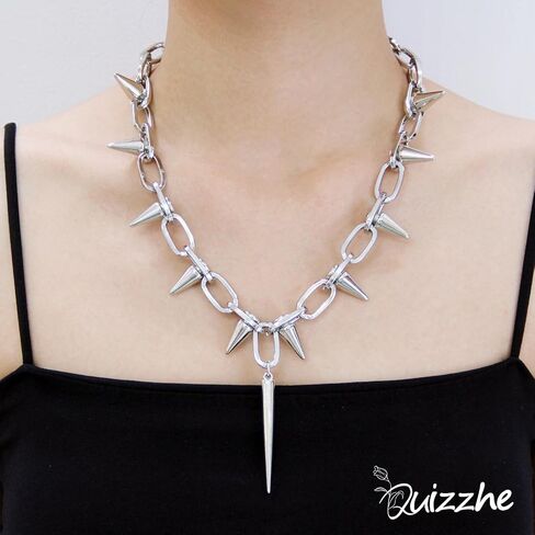 Silver Punk Spiked Chokers Necklaces Rivet Goth Necklaces Chokers with Spikes and Chain Streetwear jewelry Hard Rock Style Men Women Party Night Club Costume Accessories (Style1) in Kuwait