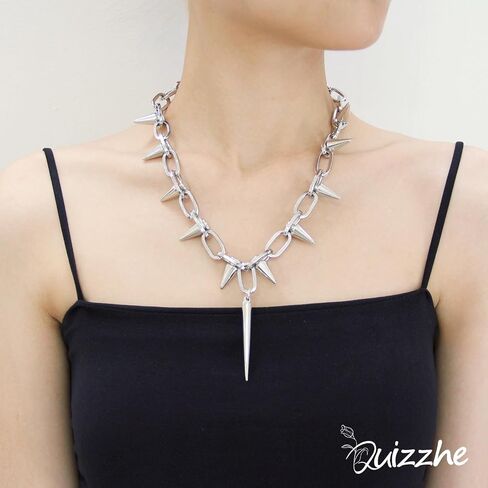 Silver Punk Spiked Chokers Necklaces Rivet Goth Necklaces Chokers with Spikes and Chain Streetwear jewelry Hard Rock Style Men Women Party Night Club Costume Accessories (Style1) in Kuwait
