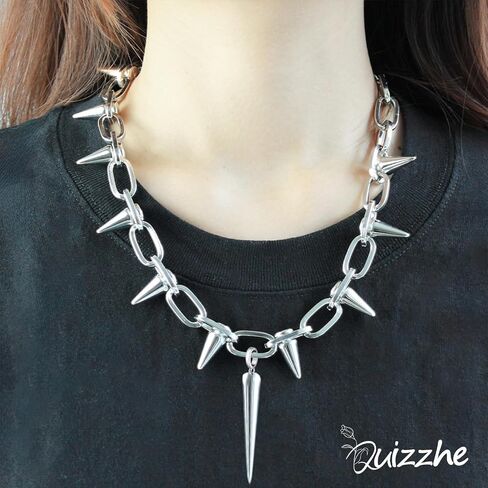Silver Punk Spiked Chokers Necklaces Rivet Goth Necklaces Chokers with Spikes and Chain Streetwear jewelry Hard Rock Style Men Women Party Night Club Costume Accessories (Style1) in Kuwait