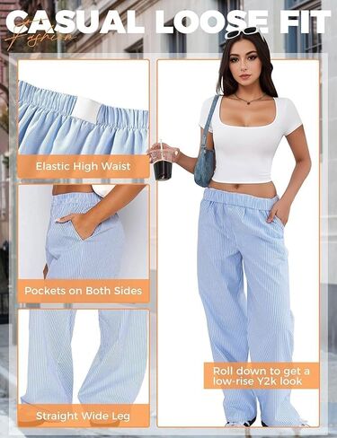 Womens Striped Boxer Pants Wide Leg Pajamas Lounge Pants Elatic High Waist Loose Casual Y2K Fashion in Saudi Arabia