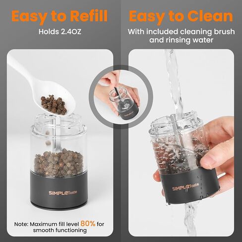 SIMPLETASTE Electric Salt and Pepper Grinder Set Rechargeable with LED Light, Stainless Steel, 70g Capacity for Kitchen, Dining Room, Bar in Saudi Arabia
