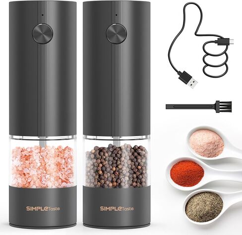 SIMPLETASTE Electric Salt and Pepper Grinder Set Rechargeable with LED Light, Stainless Steel, 70g Capacity for Kitchen, Dining Room, Bar in Saudi Arabia