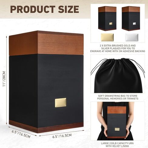Yalikop Wooden Cremation Urn for Ashes Adult Male Black Large Funeral Urns with Bag and Engraving Plaques Burial Memorial Keepsake Ashes Box Wood Decorative Box for Human Female Dog Pet in Saudi Arabia