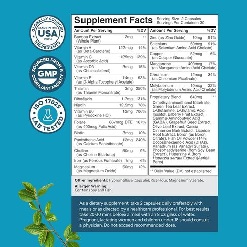 Nootropics Brain Support Supplement - Mental Focus Nootropic Memory Supplement for Brain Health & and Performance Blend, with Energy and Vitamins DMAE Bacopa and Phosphatidylserine Capsule in Kuwait