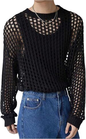 Floerns Men's Hollow Out Long Sleeve Sweater See Through Rave Outfit Knit Pullover Tops in Saudi Arabia