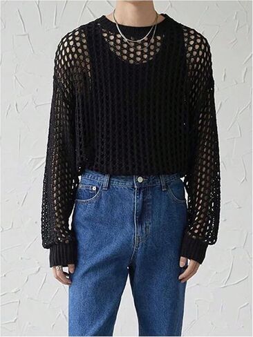 Floerns Men's Hollow Out Long Sleeve Sweater See Through Rave Outfit Knit Pullover Tops in Saudi Arabia