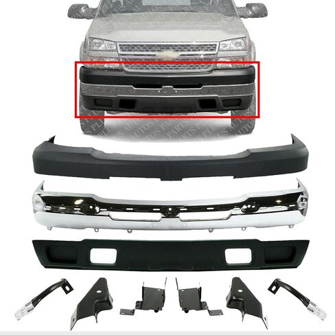 Front Bumper Chrome Steel + Upper Cover + Lower Valance Textured + Bracket Set Of 6 RH & LH Direct Replacement Compatible With 2003-2006 Chevrolet Silverado 2500HD 3500 GM1051109 in Saudi Arabia