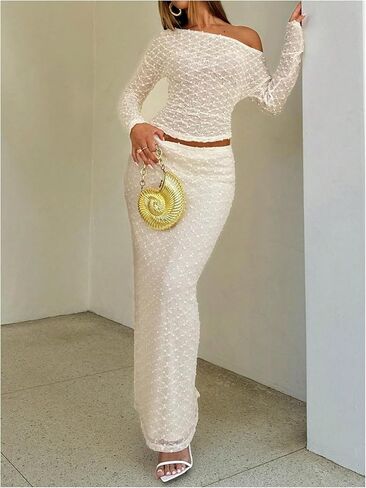 مجموعة ملابس الخريف النسائية المكونة من قطعتين من MakeMeChic بأكمام طويلة غير متماثلة وتنورة ماكسي Bodycon متطابقة in Kuwait