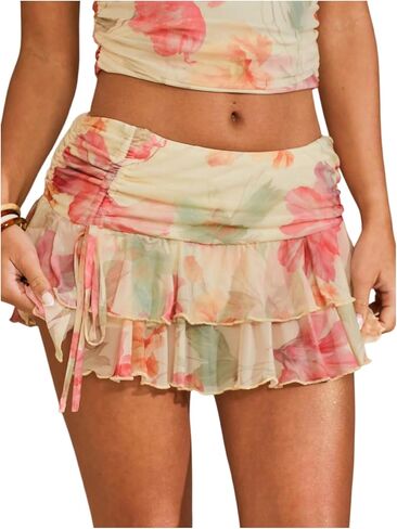 GORGLITTER المرأة الأزهار طباعة شبكة التنانير الصغيرة بوهو الصيف لطيف كشكش الطبقات الرباط عطلة الشاطئ تنورة قصيرة in Kuwait