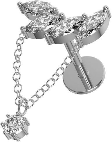 Tri Marquis with Round Cz Gemstone Dangling on Chain 16 Gauge Surgical Steel Hidden Tragus Labret-Cartilage Earring -Helix Stud- Conch Piercing Stud- Piercing Jewelry in Saudi Arabia
