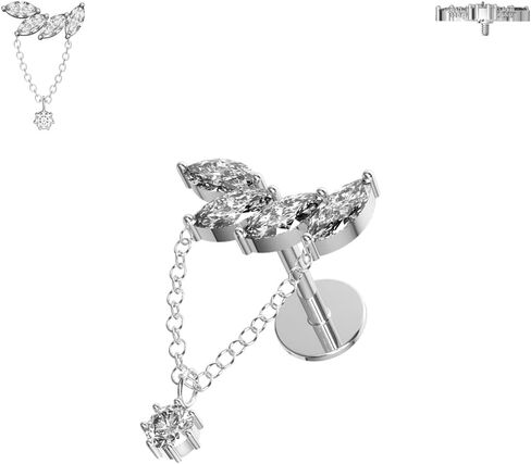 Tri Marquis with Round Cz Gemstone Dangling on Chain 16 Gauge Surgical Steel Hidden Tragus Labret-Cartilage Earring -Helix Stud- Conch Piercing Stud- Piercing Jewelry in Saudi Arabia