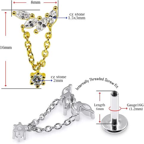 Tri Marquis with Round Cz Gemstone Dangling on Chain 16 Gauge Surgical Steel Hidden Tragus Labret-Cartilage Earring -Helix Stud- Conch Piercing Stud- Piercing Jewelry in Saudi Arabia
