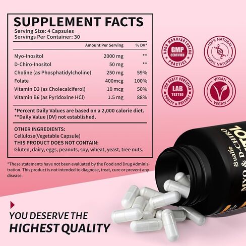 مكمل Myo-Inositol وD-Chiro Inositol المتميز (40:1) 2,050 مجم لكل جرعة، 120 كبسولة نباتية - التوازن الهرموني ودعم وظيفة المبيض الصحي للنساء in Kuwait