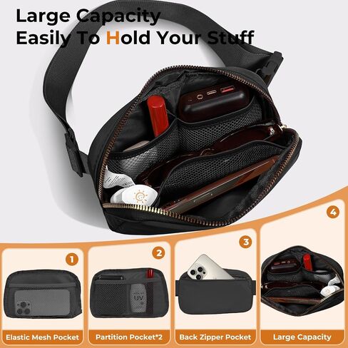 Belt Bag Zipper Fanny Pack Crossbody Bags for Women,Fashion Nylon Waist Packs, Water Repellent Two Way wear with Adjustable Strap Gifts for Teenage Girls Women Men(Black) in Saudi Arabia