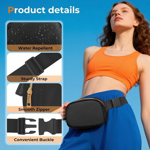 Belt Bag Zipper Fanny Pack Crossbody Bags for Women,Fashion Nylon Waist Packs, Water Repellent Two Way wear with Adjustable Strap Gifts for Teenage Girls Women Men(Black) in Saudi Arabia