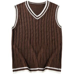سترة OYOANGLE للرجال من نسيج كابل متماسكة على طراز Preppy مخططة على شكل حرف V ورقبة على شكل حرف V بدون أكمام in Kuwait