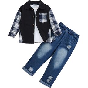 Toddler Baby Boy Clothes Flannel Long Sleeve Plaid Shirt Ripped Denim Jeans Outfit Set Boys Fall Outfits 2-6 Years in Kuwait