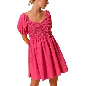 Womens Casual Sundress Smocked Bodice Puff Sleeve Sweetheart Neckline Mini Dress Hot Pink Summer Party in Saudi Arabia