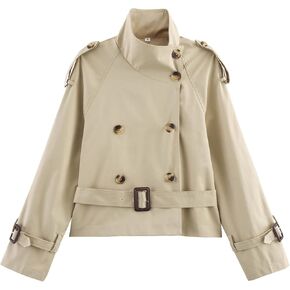 Women Trench Coat Double Breasted Stand Collar Belted Outerwear Fall Casual Fashion Cropped Jacket in Saudi Arabia