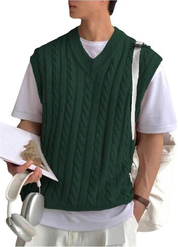 OYOANGLE Men's Cable Knit Sweater Vest V Neck Sleeveless Knitted Tank Top Knitwear in Saudi Arabia