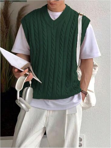 OYOANGLE Men's Cable Knit Sweater Vest V Neck Sleeveless Knitted Tank Top Knitwear in Saudi Arabia