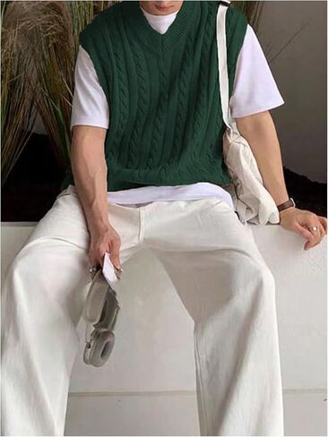 OYOANGLE Men's Cable Knit Sweater Vest V Neck Sleeveless Knitted Tank Top Knitwear in Saudi Arabia
