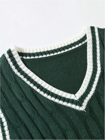 سترة OYOANGLE للرجال من نسيج كابل متماسكة على طراز Preppy مخططة على شكل حرف V ورقبة على شكل حرف V بدون أكمام in Kuwait