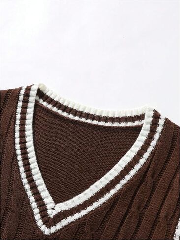 سترة OYOANGLE للرجال من نسيج كابل متماسكة على طراز Preppy مخططة على شكل حرف V ورقبة على شكل حرف V بدون أكمام in Saudi Arabia
