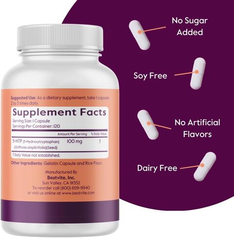 BESTVITE 5-HTP 100mg (120 Capsules) - No Stearates or Flow Agents in Saudi Arabia
