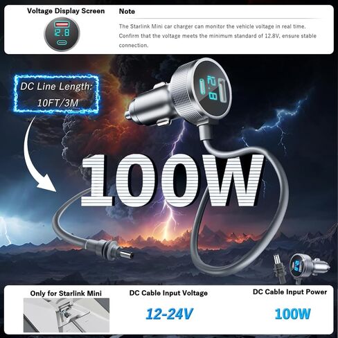 كابل طاقة Starlink Mini DC ولاعة سجائر 10أقدام، 3 في 1 Starlink Mini Car محول ولاعة السجائر 12V-24V مع شاشة رقمية USB نوع C شاحن سيارة لسيارة شاحنة RV in Kuwait