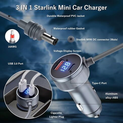 كابل طاقة Starlink Mini DC ولاعة سجائر 10أقدام، 3 في 1 Starlink Mini Car محول ولاعة السجائر 12V-24V مع شاشة رقمية USB نوع C شاحن سيارة لسيارة شاحنة RV in Kuwait