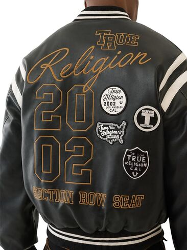 سترة اسكواش من البولي يوريثان للرجال من True Religion - جلد صناعي ليترمان بومبر مع رقع الشعار in Saudi Arabia