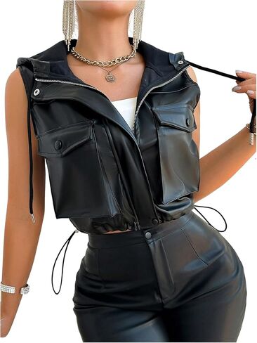 Verdusa Women's PU Leather Zip Up Cropped Vest Sleeveless Hooded Jacket with Pockets in Saudi Arabia