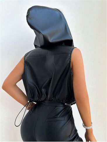 Verdusa Women's PU Leather Zip Up Cropped Vest Sleeveless Hooded Jacket with Pockets in Saudi Arabia
