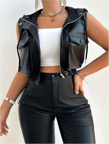 Verdusa Women's PU Leather Zip Up Cropped Vest Sleeveless Hooded Jacket with Pockets in Saudi Arabia
