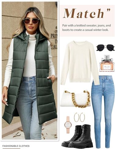 Yusongirl Puffer Vest for Women Long Hooded Lightweight Puffy Jacket Warm Sleeveless Fall Winter down Coat Outerwear in Kuwait
