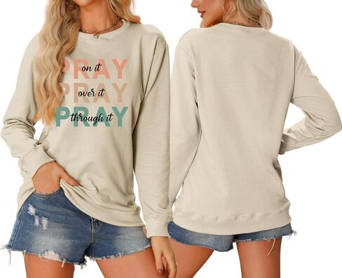 Christian Sweatshirt Women Pray On it Over it Through it Crew Neck Religious Faith Pullover Inspirational Tops in Saudi Arabia