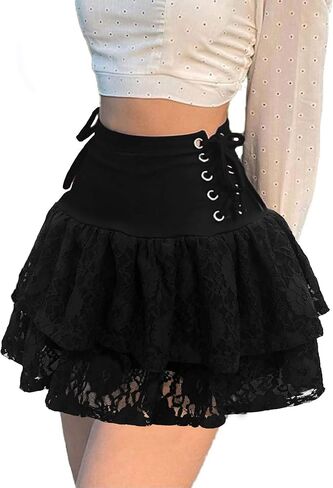 Womens Gothic Skirt Y2k 2000s Girl Mall Goth Punk Skirts High Waist Lace-Up Ruffle Fairy Grunge Mini Skirts in Kuwait