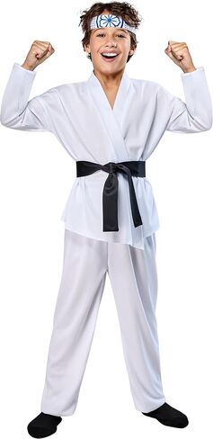 مجموعة أزياء Rubies Boys Boys Miyage-do Dojo Karate Kid Gi مع بنطال كاراتيه أبيض وسترة وعصابة رأس وحزام in Saudi Arabia