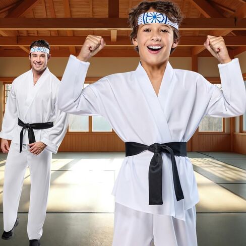 مجموعة أزياء Rubies Boys Boys Miyage-do Dojo Karate Kid Gi مع بنطال كاراتيه أبيض وسترة وعصابة رأس وحزام in Saudi Arabia