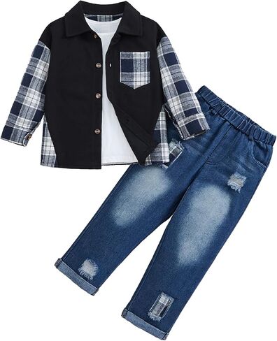 Toddler Baby Boy Clothes Flannel Long Sleeve Plaid Shirt Ripped Denim Jeans Outfit Set Boys Fall Outfits 2-6 Years in Kuwait