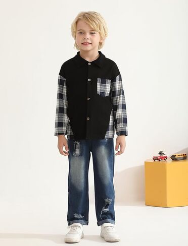 Toddler Baby Boy Clothes Flannel Long Sleeve Plaid Shirt Ripped Denim Jeans Outfit Set Boys Fall Outfits 2-6 Years in Kuwait