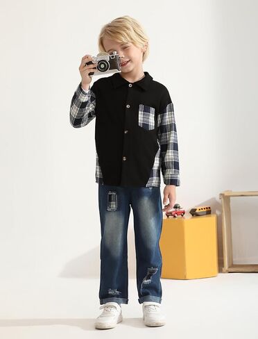 Toddler Baby Boy Clothes Flannel Long Sleeve Plaid Shirt Ripped Denim Jeans Outfit Set Boys Fall Outfits 2-6 Years in Kuwait