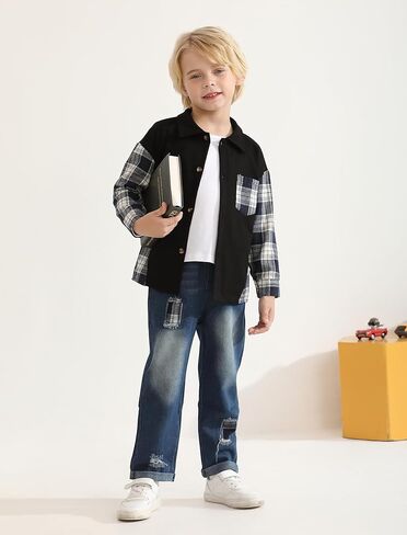 Toddler Baby Boy Clothes Flannel Long Sleeve Plaid Shirt Ripped Denim Jeans Outfit Set Boys Fall Outfits 2-6 Years in Kuwait