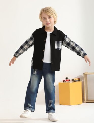 Toddler Baby Boy Clothes Flannel Long Sleeve Plaid Shirt Ripped Denim Jeans Outfit Set Boys Fall Outfits 2-6 Years in Kuwait