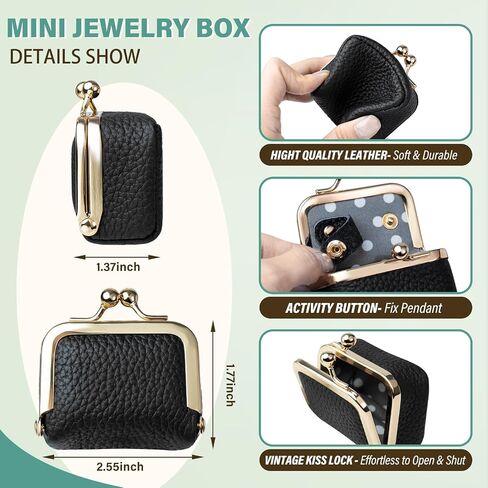2 PCS Genuine Leather Mini Jewelry Box - Small Jewelry Travel Case Vintage-Inspired Coin Purse Travel Jewelry Organizer with Kiss Lock, Travel Ring Box for Earring/Ring/Necklace/Bracelet, Black in Saudi Arabia